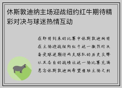 休斯敦迪纳主场迎战纽约红牛期待精彩对决与球迷热情互动