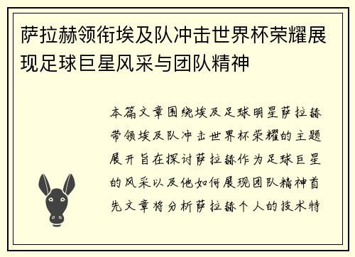 萨拉赫领衔埃及队冲击世界杯荣耀展现足球巨星风采与团队精神