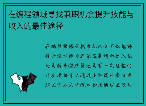 在编程领域寻找兼职机会提升技能与收入的最佳途径
