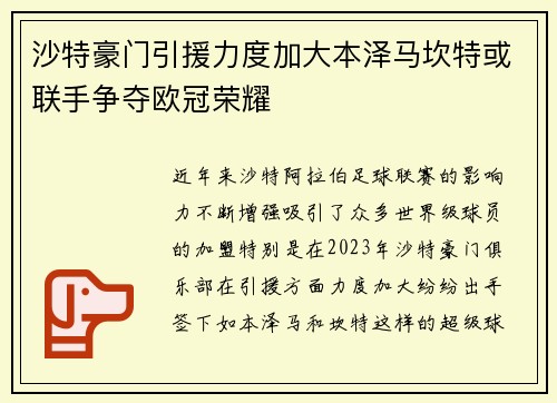 沙特豪门引援力度加大本泽马坎特或联手争夺欧冠荣耀