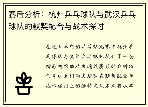 赛后分析：杭州乒乓球队与武汉乒乓球队的默契配合与战术探讨